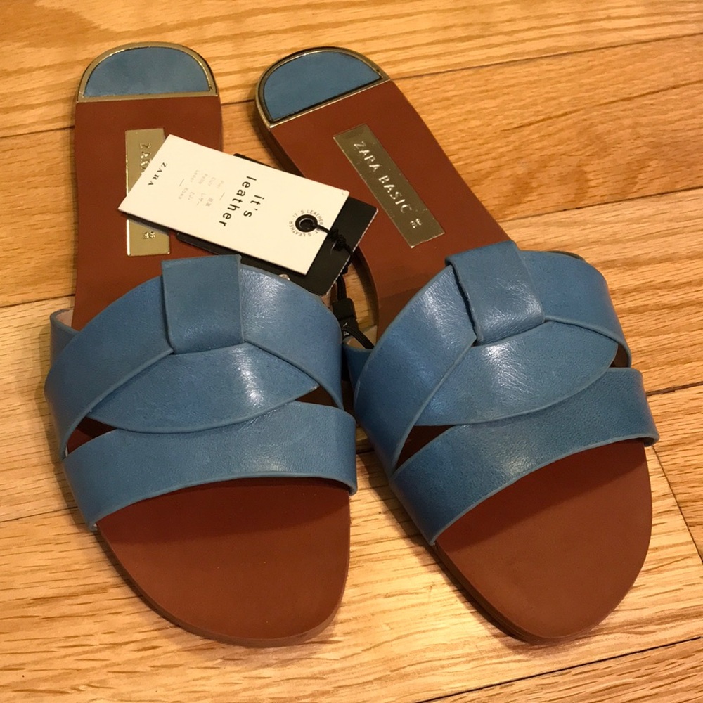 NWOT - Zara leather sandals blue size 7.5 EU 38